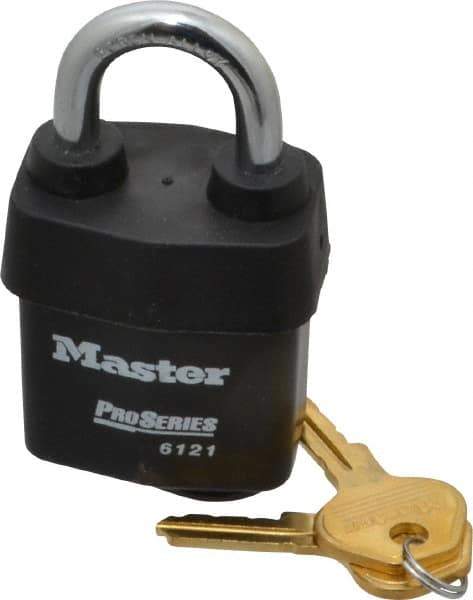 Master Lock - 1-1/8" Shackle Clearance, Keyed Different Pro Series Solid Steel Padlock - 5/16" Shackle Diam, Laminated Steel - Eagle Tool & Supply