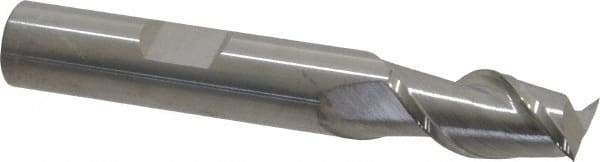 SGS - 3/8", 3/4" LOC, 3/8" Shank Diam, 2-1/2" OAL, 2 Flute, Solid Carbide Square End Mill - Single End, Uncoated, Spiral Flute, 45° Helix, Centercutting, Right Hand Cut, Right Hand Flute, Series 44 - Eagle Tool & Supply