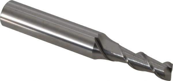 SGS - 1/4", 3/4" LOC, 3/8" Shank Diam, 2-7/16" OAL, 2 Flute, Solid Carbide Square End Mill - Single End, Uncoated, Spiral Flute, 45° Helix, Centercutting, Right Hand Cut, Right Hand Flute, Series 44 - Eagle Tool & Supply