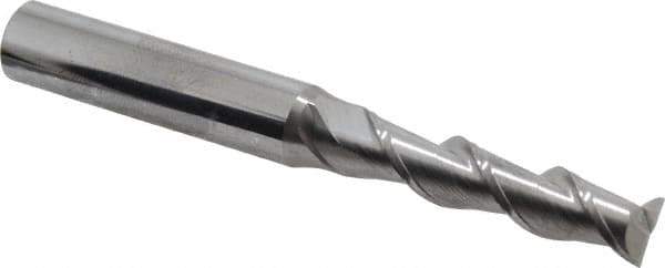 SGS - 5/16", 1-3/8" LOC, 3/8" Shank Diam, 3-1/8" OAL, 2 Flute, Solid Carbide Square End Mill - Single End, Uncoated, Spiral Flute, 45° Helix, Centercutting, Right Hand Cut, Right Hand Flute, Series 44 - Eagle Tool & Supply
