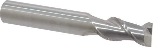 SGS - 3/8", 3/4" LOC, 3/8" Shank Diam, 2-1/2" OAL, 2 Flute, Solid Carbide Square End Mill - Single End, Uncoated, Spiral Flute, 45° Helix, Centercutting, Right Hand Cut, Right Hand Flute, Series 44 - Eagle Tool & Supply
