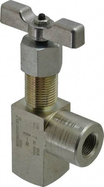 Made in USA - 3/8" Pipe, Angled Hard Seat Needle Valve - FNPT x FNPT Ends, Alloy Valve, 10,000 Max psi - Eagle Tool & Supply