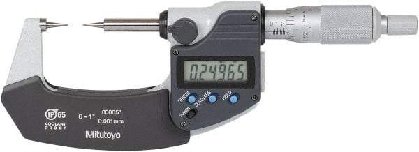 Mitutoyo - 1 Inch, 32mm Throat Depth, Ratchet Stop, Digital Point Micrometer - Accurate Up to 0.0001 Inch, 15° Point Angle - Eagle Tool & Supply