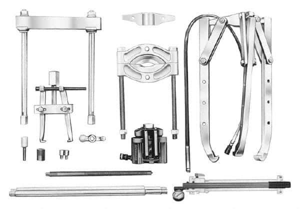 OTC - 17 Piece, 34" Spread, Hydraulic Puller Set - 3 Jaws, 19" OAL, 20-1/2" Reach - Eagle Tool & Supply