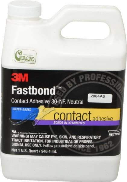 3M - 32 oz Can Natural Contact Adhesive - Series 30NF, 15 to 30 min Working Time, 4 hr Full Cure Time, Bonds to Cardboard, Ceramic, Fabric, Fiberglass, Foam, Glass, Leather, Metal, Plastic, Rubber, Vinyl & Wood - Eagle Tool & Supply