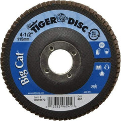 Weiler - 40 Grit, 4-1/2" Disc Diam, 7/8" Center Hole, Type 27 Zirconia Alumina Flap Disc - 12,000 Max RPM, Phenolic Backing, Arbor Attaching System, Coated - Eagle Tool & Supply