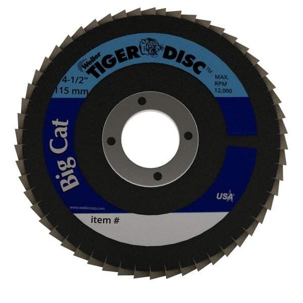 Weiler - 60 Grit, 4-1/2" Disc Diam, 7/8" Center Hole, Type 27 Zirconia Alumina Flap Disc - 12,000 Max RPM, Phenolic Backing, Arbor Attaching System, Coated - Eagle Tool & Supply