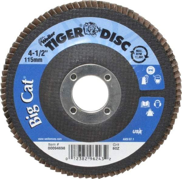 Weiler - 80 Grit, 4-1/2" Disc Diam, 7/8" Center Hole, Type 27 Zirconia Alumina Flap Disc - 12,000 Max RPM, Phenolic Backing, Arbor Attaching System, Coated - Eagle Tool & Supply