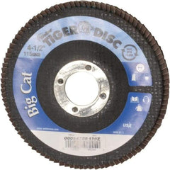 Weiler - 120 Grit, 4-1/2" Disc Diam, 7/8" Center Hole, Type 27 Zirconia Alumina Flap Disc - 12,000 Max RPM, Phenolic Backing, Arbor Attaching System, Coated - Eagle Tool & Supply