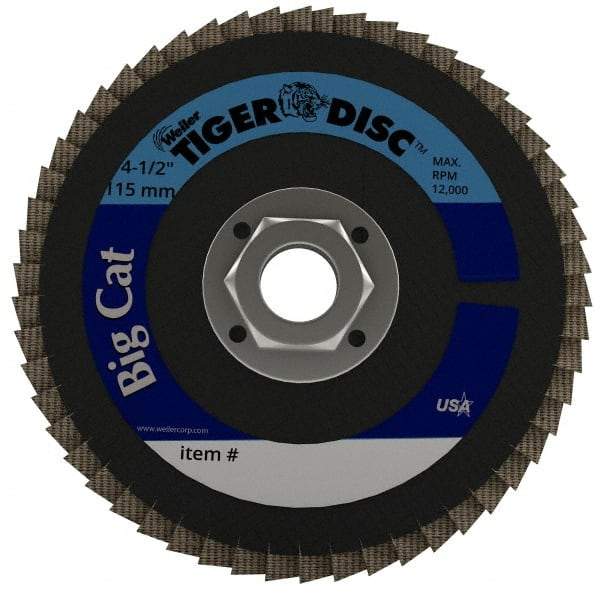 Weiler - 60 Grit, 4-1/2" Disc Diam, 5/8-11 Center Hole, Type 27 Zirconia Alumina Flap Disc - 12,000 Max RPM, Phenolic Backing, Arbor Attaching System, Coated - Eagle Tool & Supply