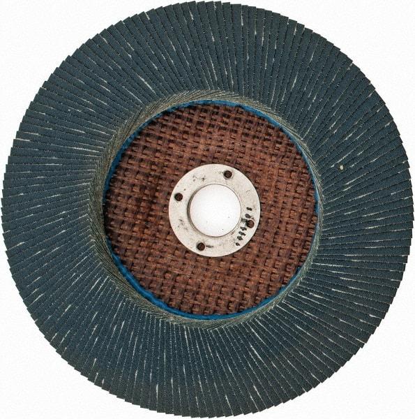 Weiler - 120 Grit, 7" Disc Diam, 7/8" Center Hole, Type 27 Zirconia Alumina Flap Disc - 8,600 Max RPM, Phenolic Backing, Arbor Attaching System, Coated - Eagle Tool & Supply