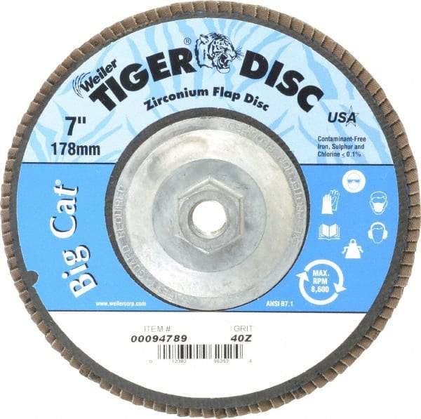Weiler - 40 Grit, 7" Disc Diam, 5/8-11 Center Hole, Type 27 Zirconia Alumina Flap Disc - 8,600 Max RPM, Phenolic Backing, Arbor Attaching System, Coated - Eagle Tool & Supply