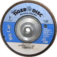 Weiler - 60 Grit, 7" Disc Diam, 5/8-11 Center Hole, Type 27 Zirconia Alumina Flap Disc - 8,600 Max RPM, Phenolic Backing, Arbor Attaching System, Coated - Eagle Tool & Supply