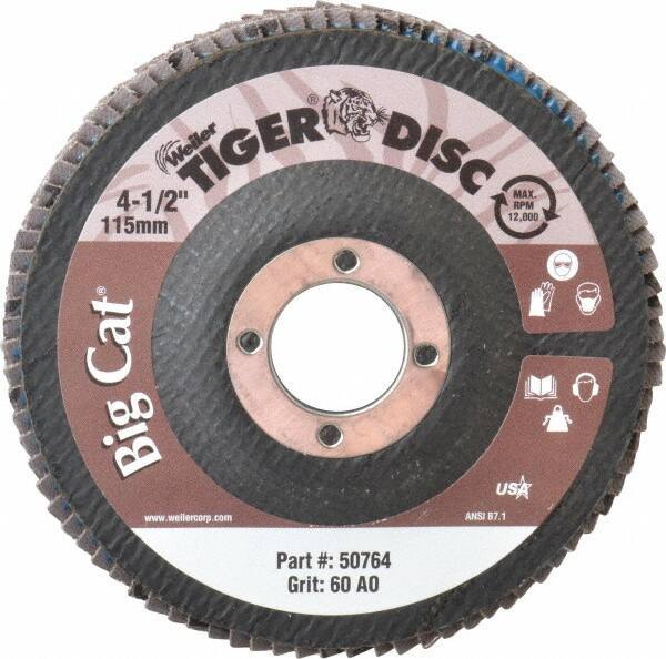 Weiler - 60 Grit, 4-1/2" Disc Diam, 7/8" Center Hole, Type 27 Aluminum Oxide Flap Disc - 12,000 Max RPM, Phenolic Backing, Arbor Attaching System, Coated - Eagle Tool & Supply