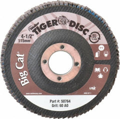 Weiler - 60 Grit, 4-1/2" Disc Diam, 7/8" Center Hole, Type 27 Aluminum Oxide Flap Disc - 12,000 Max RPM, Phenolic Backing, Arbor Attaching System, Coated - Eagle Tool & Supply