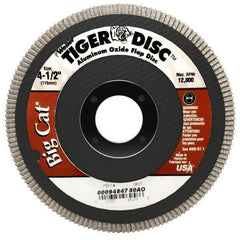 Weiler - 80 Grit, 4-1/2" Disc Diam, 7/8" Center Hole, Type 27 Aluminum Oxide Flap Disc - 12,000 Max RPM, Phenolic Backing, Arbor Attaching System, Coated - Eagle Tool & Supply