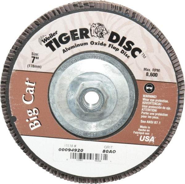 Weiler - 80 Grit, 7" Disc Diam, 5/8-11 Center Hole, Type 27 Aluminum Oxide Flap Disc - 8,600 Max RPM, Phenolic Backing, Arbor Attaching System, Coated - Eagle Tool & Supply