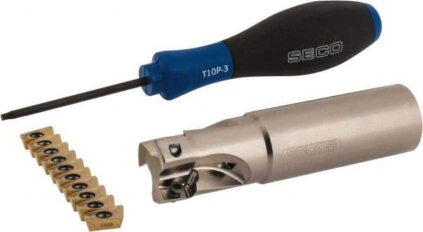 Seco - 1" Cut Diam, 0.433" Max Depth of Cut, 1" Shank Diam, 4" OAL, Indexable Square Shoulder End Mill - XO.X 1204 Inserts, Weldon Shank, 90° Lead Angle, Through Coolant, Series Super Turbo - Eagle Tool & Supply