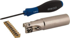 Seco - 1" Cut Diam, 0.433" Max Depth of Cut, 1" Shank Diam, 4" OAL, Indexable Square Shoulder End Mill - XO.X 1204 Inserts, Weldon Shank, 90° Lead Angle, Through Coolant, Series Super Turbo - Eagle Tool & Supply