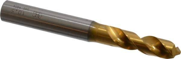 OSG - 10.50036mm 120° Spiral Flute Vanadium High Speed Steel Screw Machine Drill Bit - TiN Finish, Right Hand Cut, 43mm Flute Length, 100mm OAL, Faceted Point, Straight Shank - Eagle Tool & Supply