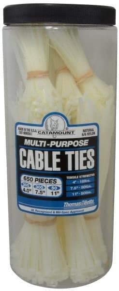 Thomas & Betts - 4 to 11 Inch Range, White Cable Ties - 3 Inch Bundle Diameter, 18, 40 and 50 Lb. Strength, Nylon - Eagle Tool & Supply