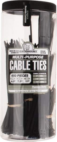 Thomas & Betts - 4 to 11 Inch Range, Black Cable Ties - 3 Inch Bundle Diameter, 18, 40 and 50 Lb. Strength, Nylon - Eagle Tool & Supply