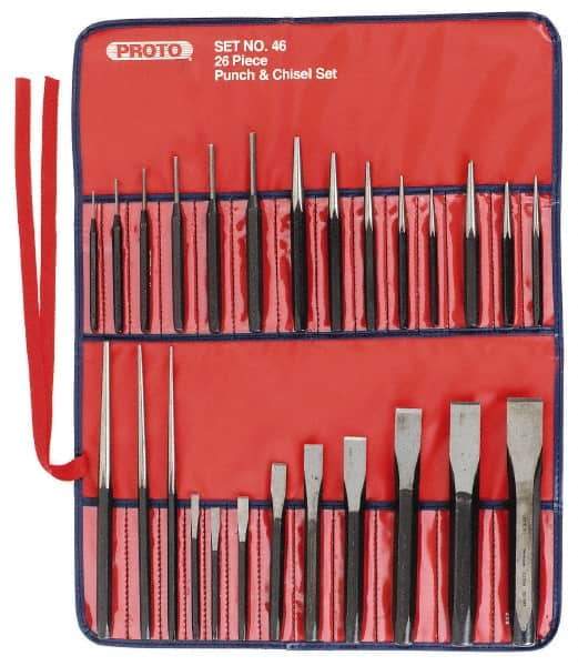 Proto - 26 Piece Punch & Chisel Set - 1/4 to 7/8" Chisel, 3/8 to 1/4" Punch, Round Shank - Eagle Tool & Supply