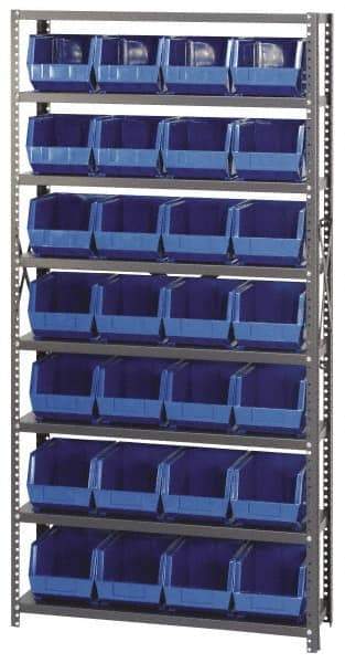 Quantum Storage - 12" Deep x 36" Wide x 75" High, Steel Open Hopper Storage Unit - 7/8 Shelves, 28 Yellow Plastic Bins, 8-1/4" Bin Width x 7" Bin Height x 11" Bin Depth - Eagle Tool & Supply