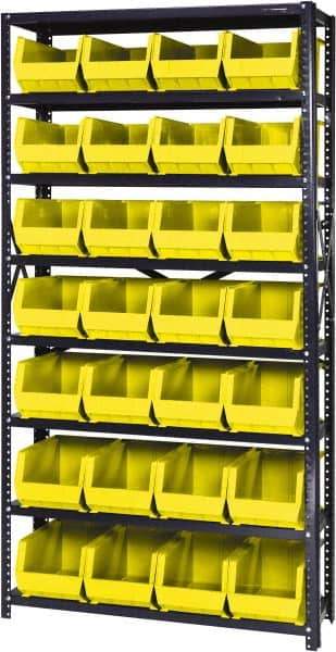 Quantum Storage - 12" Deep x 36" Wide x 75" High, Steel Open Hopper Storage Unit - 7/8 Shelves, 28 Yellow Plastic Bins, 8-1/4" Bin Width x 7" Bin Height x 14-3/4" Bin Depth - Eagle Tool & Supply