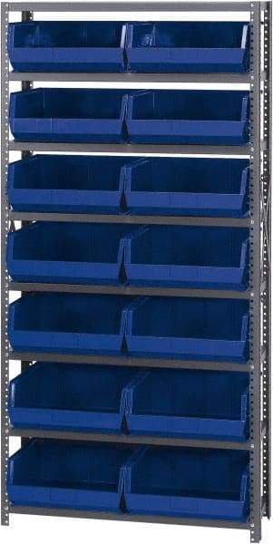Quantum Storage - 12" Deep x 36" Wide x 75" High, Steel Open Hopper Storage Unit - 7/8 Shelves, 14 Blue Plastic Bins, 16-1/2" Bin Width x 7" Bin Height x 14-3/4" Bin Depth - Eagle Tool & Supply