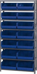 Quantum Storage - 12" Deep x 36" Wide x 75" High, Steel Open Hopper Storage Unit - 7/8 Shelves, 14 Blue Plastic Bins, 16-1/2" Bin Width x 7" Bin Height x 14-3/4" Bin Depth - Eagle Tool & Supply