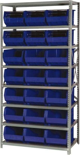 Quantum Storage - 18" Deep x 36" Wide x 75" High, Steel Open Hopper Storage Unit - 7/8 Shelves, 21 Blue Plastic Bins, 11" Bin Width x 8" Bin Height x 16" Bin Depth - Eagle Tool & Supply