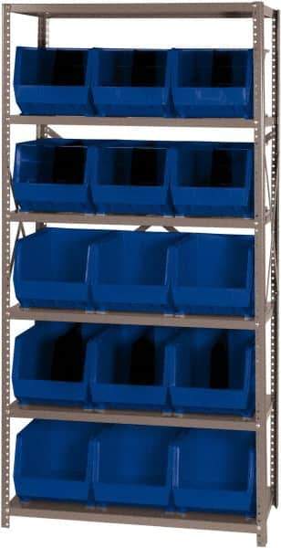Quantum Storage - 18" Deep x 36" Wide x 75" High, Steel Open Hopper Storage Unit - 5/6 Shelves, 15 Blue Plastic Bins, 11" Bin Width x 10" Bin Height x 18" Bin Depth - Eagle Tool & Supply