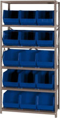Quantum Storage - 18" Deep x 36" Wide x 75" High, Steel Open Hopper Storage Unit - 5/6 Shelves, 15 Blue Plastic Bins, 11" Bin Width x 10" Bin Height x 18" Bin Depth - Eagle Tool & Supply