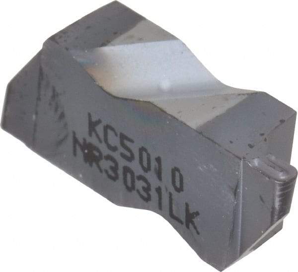 Kennametal - 3031NR K Grade KC5010, 1.58mm Cutting Width Carbide Grooving Insert - 2.39mm Max Depth of Cut, Left Hand, 0.79mm Corner Radius, TiAlN Finish - Eagle Tool & Supply