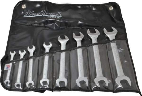 Blackhawk by Proto - 8 Piece, 6mm x 7mm to 20mm x 22mm, Open End Wrench Set - Metric Measurement Standard, Full Polish Finish, Comes in Vinyl Roll - Eagle Tool & Supply