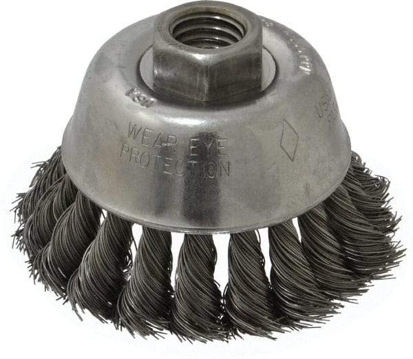 Osborn - 2-3/4" Diam, 5/8-11 Threaded Arbor, Steel Fill Cup Brush - 0.014 Wire Diam, 14,000 Max RPM - Eagle Tool & Supply