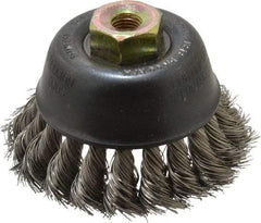 Osborn - 2-3/4" Diam, M10x1.25 Threaded Arbor, Stainless Steel Fill Cup Brush - 0.014 Wire Diam, 14,000 Max RPM - Eagle Tool & Supply