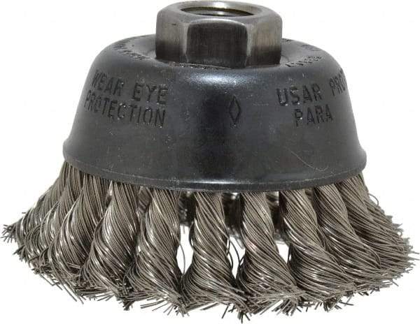 Osborn - 2-3/4" Diam, 5/8-11 Threaded Arbor, Stainless Steel Fill Cup Brush - 0.014 Wire Diam, 14,000 Max RPM - Eagle Tool & Supply