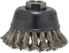 Osborn - 2-3/4" Diam, 5/8-11 Threaded Arbor, Stainless Steel Fill Cup Brush - 0.014 Wire Diam, 14,000 Max RPM - Eagle Tool & Supply