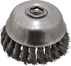 Osborn - 4" Diam, 5/8-11 Threaded Arbor, Steel Fill Cup Brush - 0.025 Wire Diam, 1-1/4" Trim Length, 6,000 Max RPM - Eagle Tool & Supply