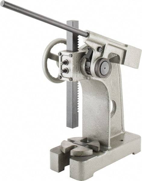 Interstate - 2-1/2" Ram, 6" Throat Depth, 3 Ton Manual Arbor Press - 12-5/8" Max Work Height x 12" Max Work Width, Ratchet Leverage, 20:1 Leverage Ratio, 8" Base Width x 18" Base Depth - Eagle Tool & Supply