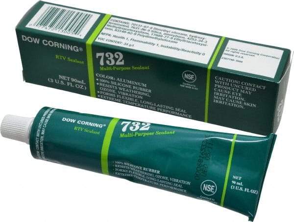 Dow Corning - 3 oz Tube Silver RTV Silicone Joint Sealant - -76 to -29.2°F Operating Temp, 20 min Tack Free Dry Time, 24 hr Full Cure Time, Series 732 - Eagle Tool & Supply