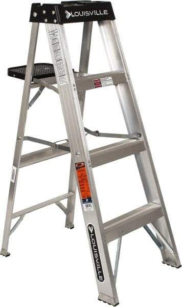 Louisville - 3 Steps, 4' High, Type IA Rating, Aluminum Step Ladder - 300 Lb Capacity, 18-5/8" Base Width - Eagle Tool & Supply
