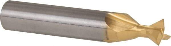 Made in USA - 3/8" Diam x 3/16" Width of Cut, 60° Included Angle, Carbide-Tipped Dovetail Cutter - 3/8" Shank Diam, 2-1/8" Overall Length, 0.0050-0.0100" Corner Radius, Weldon Flat, TiN Coated - Eagle Tool & Supply