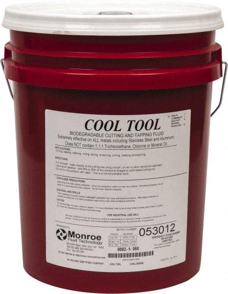 Monroe Fluid Technology - Cool Tool, 5 Gal Pail Cutting & Tapping Fluid - Straight Oil, For Blanking, Boring, Broaching, Drilling, Hobbing, Milling, Reaming, Tapping, Turning - Eagle Tool & Supply