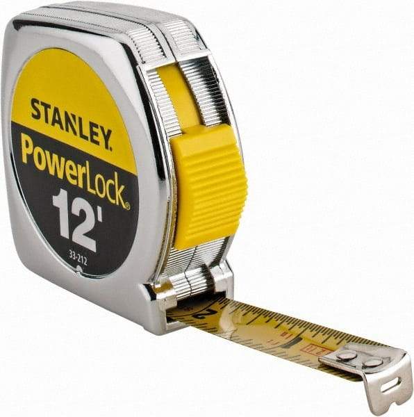 Stanley - 12' x 1/2" Yellow Blade Tape Measure - 1/32 & 1/16" Graduation, Inch Graduation Style, Silver Case - Eagle Tool & Supply