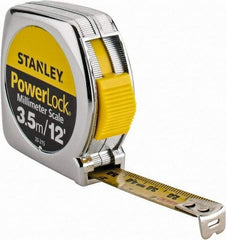 Stanley - 12' x 1/2" Yellow Blade Tape Measure - 1/32 & 1/16" Graduation, Inch/Metric Graduation Style, Silver Case - Eagle Tool & Supply