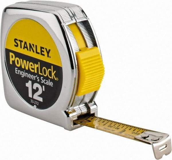 Stanley - 12' x 1/2" Yellow Blade Tape Measure - 1/16 & 1/10" Graduation, Inch Graduation Style, Silver Case - Eagle Tool & Supply