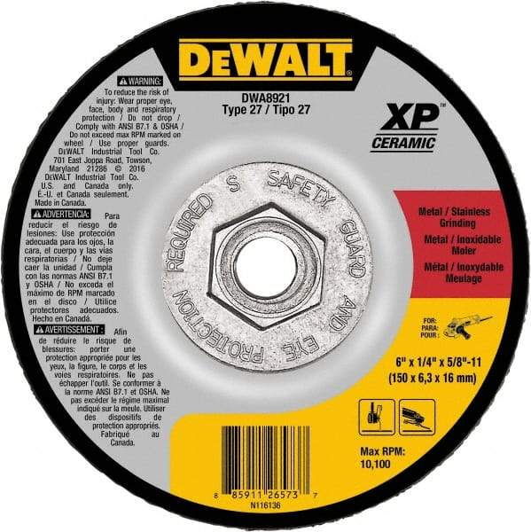 DeWALT - 24 Grit, 6" Wheel Diam, Type 27 Depressed Center Wheel - Coarse/Medium Grade, Ceramic, N Hardness, 10,100 Max RPM - Eagle Tool & Supply
